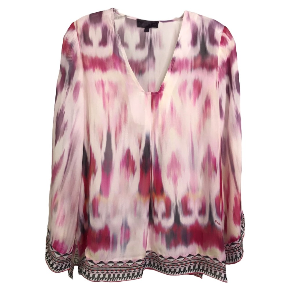 Hale Bob Women Blouse TopTunic XS Zahara Silk Boho Long Sleeve‎ Pink Watercolor